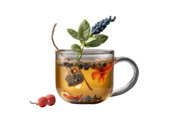 PNG Elegant glass mug of herbal tea with vibrant flowers and fresh herbs