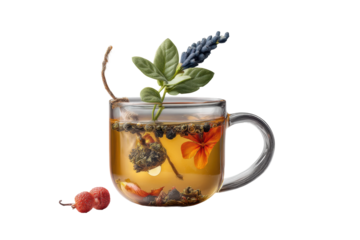 PNG Elegant glass mug of herbal tea with vibrant flowers and fresh herbs