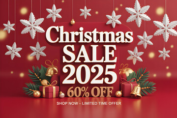 Naklejka premium Red Christmas Sale 2025 Banner 3 D Render Sixty Percent Off Discount Offer Festive Decorations Snowflakes Bells Gifts Web Banner Poster