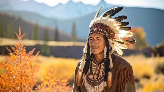 Portrait of a man wearing traditional native american tribal attire including feathered headdress, beadwork necklaces and fringed jacket in nature