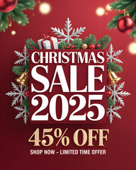 Red Christmas Sale 2025 Banner 45 Percent Off Discount 3 D Design Festive Decorations Snowflakes Bells Gift Box Web Poster