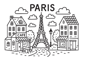 Black and white doodle background features the city of Paris in vector style with bold black outlines, perfect for stylish, modern graphic applications.