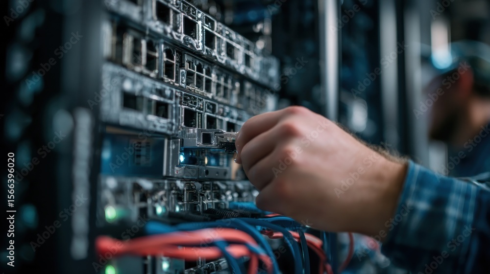Poster technician connecting network cable to server rack in data center