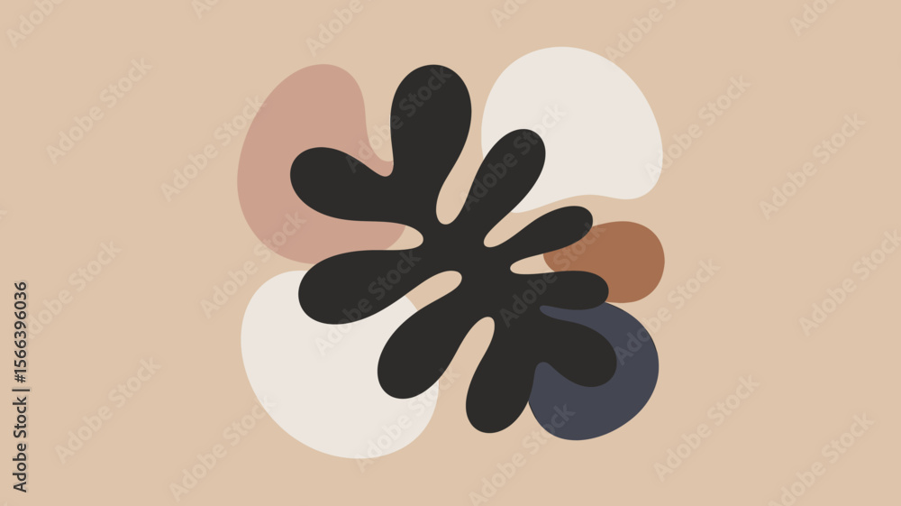 Poster abstract art featuring a black organic shape surrounded by muted color blobs on a beige background