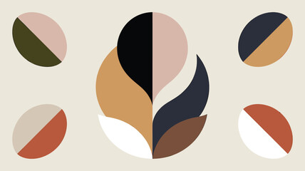 Abstract geometric design with split color ovals and central floral arrangement on beige background