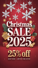 Red Christmas Sale 2025 Banner Advertisement 3 D White Text 25 Percent Off Gold Accents Hanging Snowflakes Gift Boxes