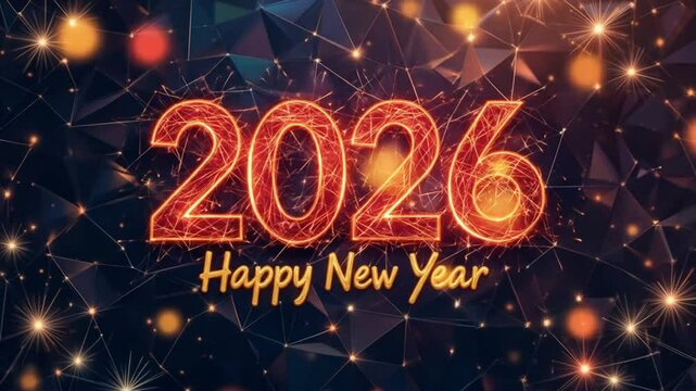 2026 Happy New Year with Christmas in Abstract low poly wire frame style. geometric background Celebrate the party 2026. 4k video