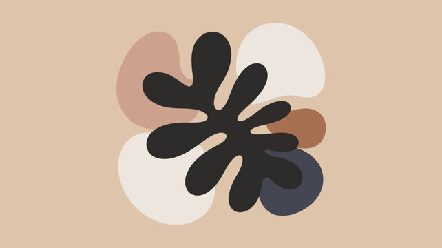 Abstract art featuring a black organic shape surrounded by muted color blobs on a beige background