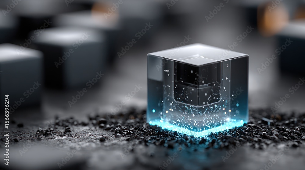 Poster transparent cube with glowing inner cube technology concept