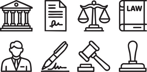 Fototapeta premium Collection of legal and justice icons including courthouse document scales law book person pen gavel and stamp