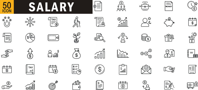 Salary editable outline icon set. Payment, finance, earnings, tax, income and more.

