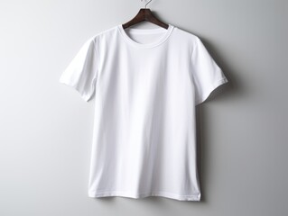 Plain white t-shirt hanging on a hanger.