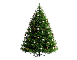 Fototapeta premium A vibrant green holiday tree sparkling with elegant white and bronze baubles and twinkling lights.