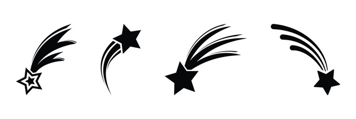 Shooting star icon. Black star shooting and falling star icon set. Shooting stars icon vector set. Black falling stars icon. Meteorite and comet symbols.