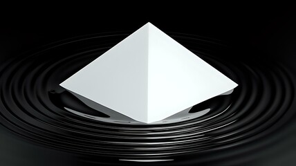 White pyramid on black liquid surface with concentric ripples, creating a minimalist design.