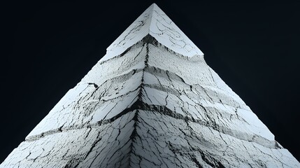 Striking close-up of a weathered pyramid against a stark black background, texture.
