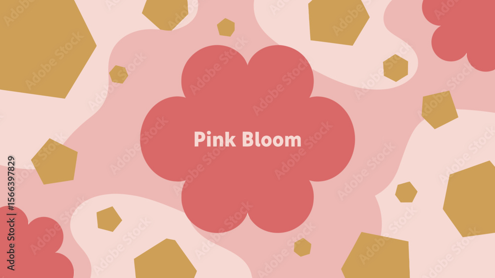 Poster abstract background with pink and light pink blobs and gold geometric shapes scattered throughout it