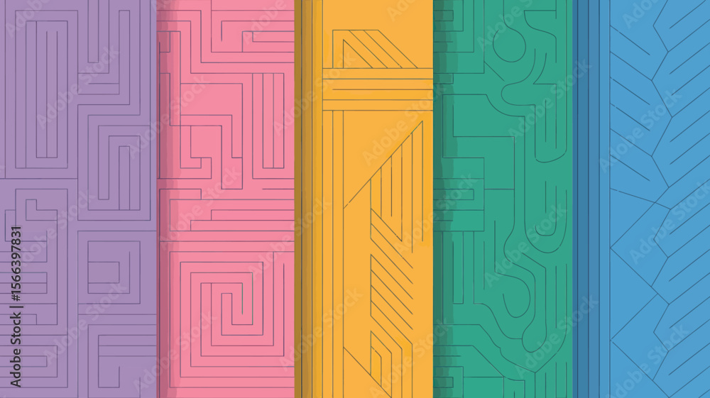 Poster five colorful panels showcasing unique maze like patterns in a vertical arrangement style design