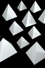 Abstract geometric composition: Floating white pyramids against a dark background.