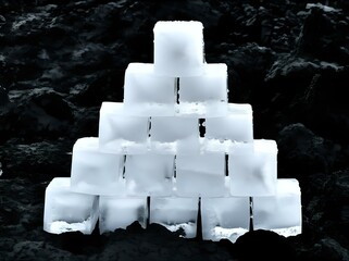 Icy pyramid: A monochrome architectural marvel made of stacked ice cubes.