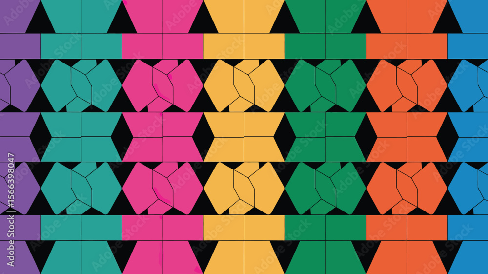 Poster a geometric pattern of colorful shapes with black accents arranged in horizontal rows and columns de