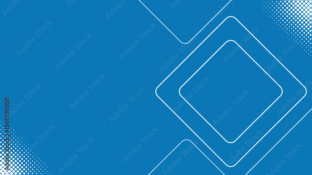Poster a blue background with white geometric shapes and a halftone pattern in the corner of the image