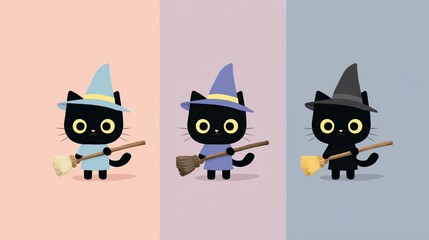 Cute cartoon witch cats with colorful hats.