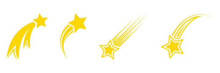 Shooting stars and falling star icon vector set. Yellow shooting star and falling stars icon. Shooting stars icons. Star trail sign Vector Illustration.