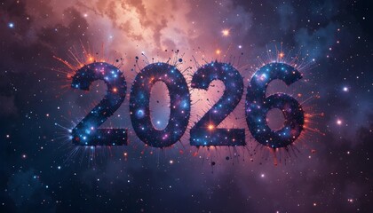 2026 shaped with stars, galaxies, and cosmic dust, deep space background