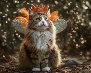 A whimsical cat wearing a crown and wings.