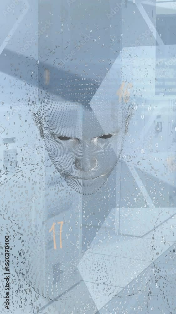 Poster animation of numbers over human body model against data processing and computer server room