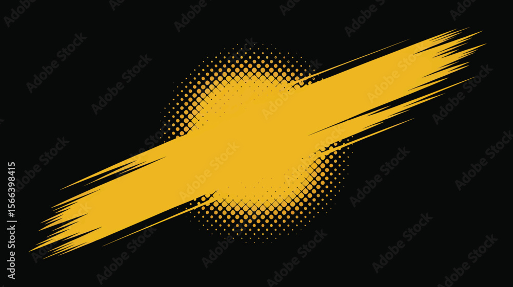 Poster a yellow brush stroke over a halftone circle on a black background creating an abstract design eleme