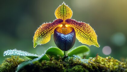 yperrealistic closeup of Paphiopedilum orchid with radiant emerald green pouch and velvety deep purple petals