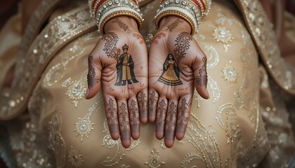 Intricate wedding-themed henna tattoos on hands depicting traditional couple designs, cultural bridal art photography