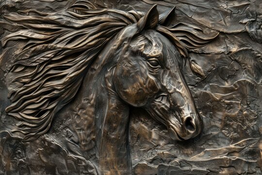 Bronze relief showcasing a majestic horse head with flowing mane, a powerful symbol of grace and strength