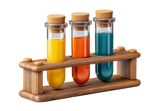 PNG Colorful chemical liquids in test tubes on wooden stand