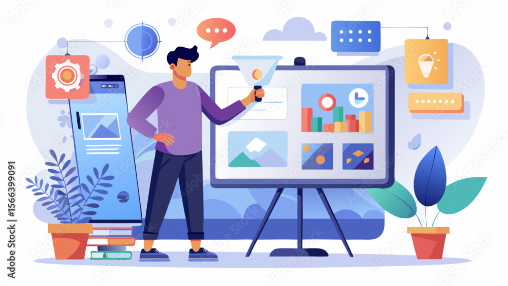 Poster a man is standing in front of a white board with a projector. he is pointing at the board and talkin