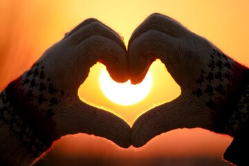 Heart Shaped Hands at Sunset Symbolize Love and Warmth