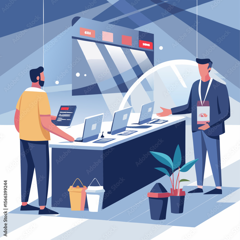 Poster a man is standing in a store with a laptop in his hand. the store is filled with boxes and potted pl