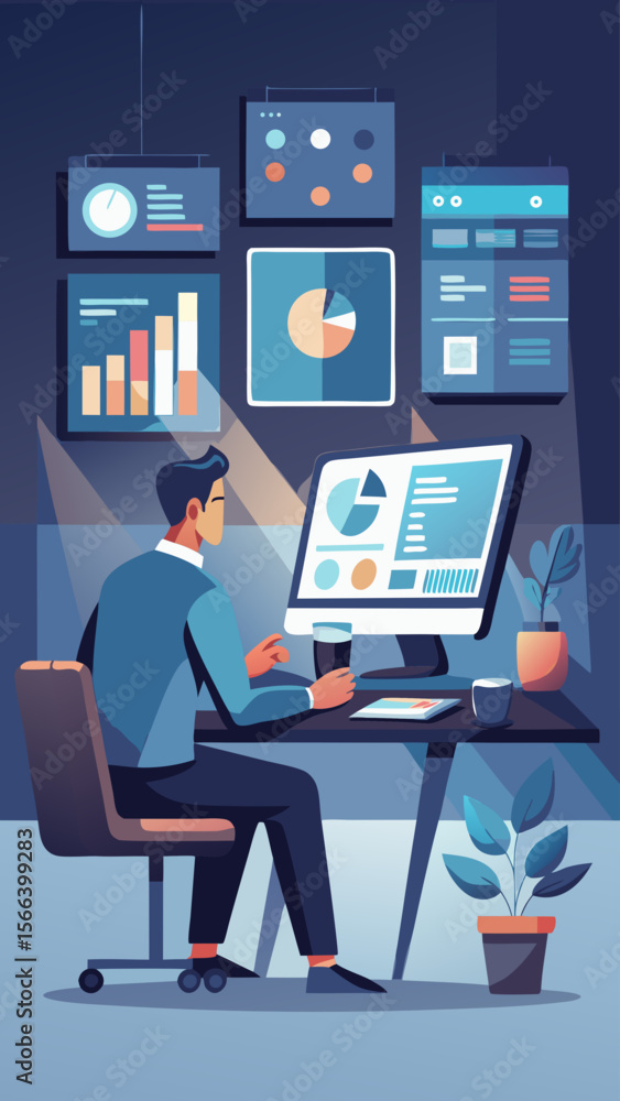 Poster a man is sitting at a desk with a computer monitor and a keyboard. he is working on a project and ha