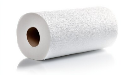 Fototapeta premium Close-up of a Roll of White Bathroom Toilet Paper with Soft Texture and Cardboard Core on Smooth White Surface