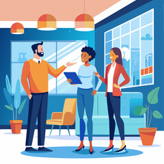 Three people are standing in a room, one of them holding a clipboard. The room has a modern design with a couch, a chair, and a potted plant. The atmosphere seems to be professional and focused