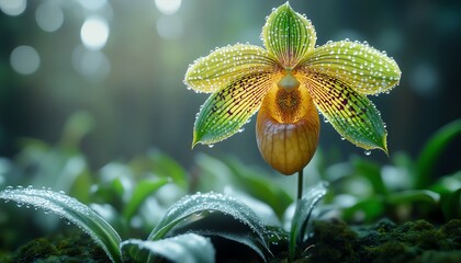 yperrealistic closeup of Paphiopedilum orchid with radiant emerald green pouch and velvety deep purple petals