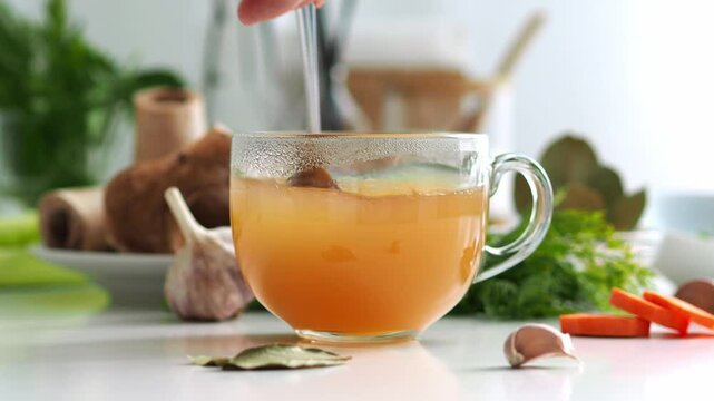 Hello autumn. Stir with a spoon a natural warming drink for health. healthy lifestyle. Rich bone broth. The process of making soup. cozy autumn. Ingredients for the soup. Beef bone broth.