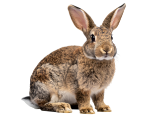 A charming brown rabbit with long ears and a gentle expression sits calmly, gazing directly at the viewer.