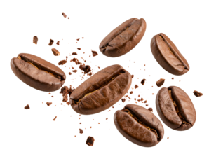 Aromatic roasted coffee beans and fine fragments artfully suspended, ready for brewing.