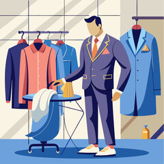 A man is standing in front of a mannequin wearing a suit and tie. He is looking at the mannequin and seems to be admiring it. The room is well lit and has a modern, stylish feel to it