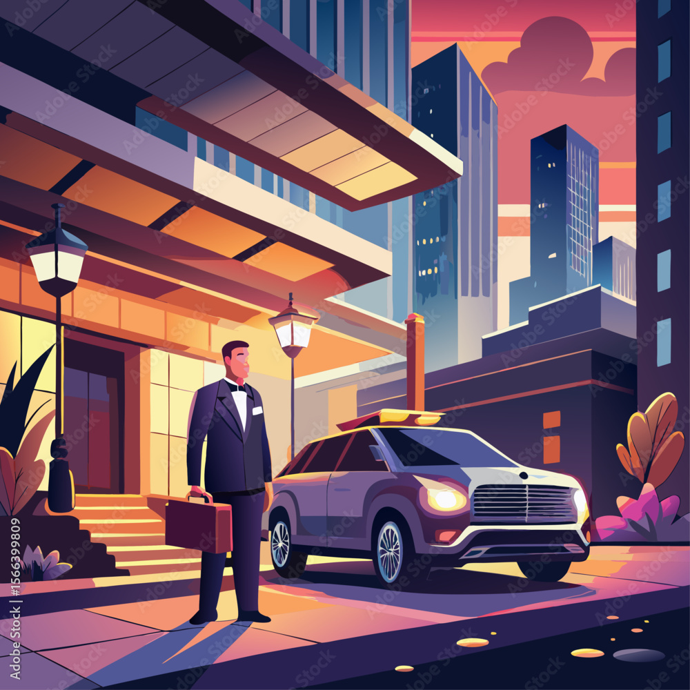 Poster a man in a suit is standing in front of a building with a briefcase. the image has a mood of profess