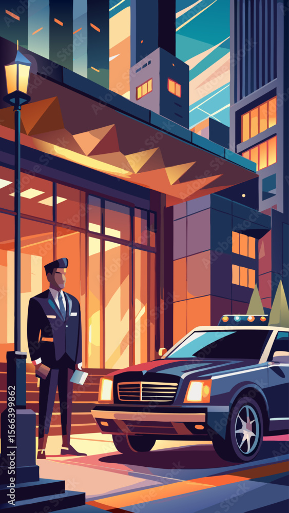 Poster a man in a suit is standing in front of a building with a briefcase. the image has a mood of profess