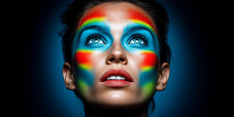 Frau mit künstlerischem buntem Make-up in orange und blauen Farbtönen